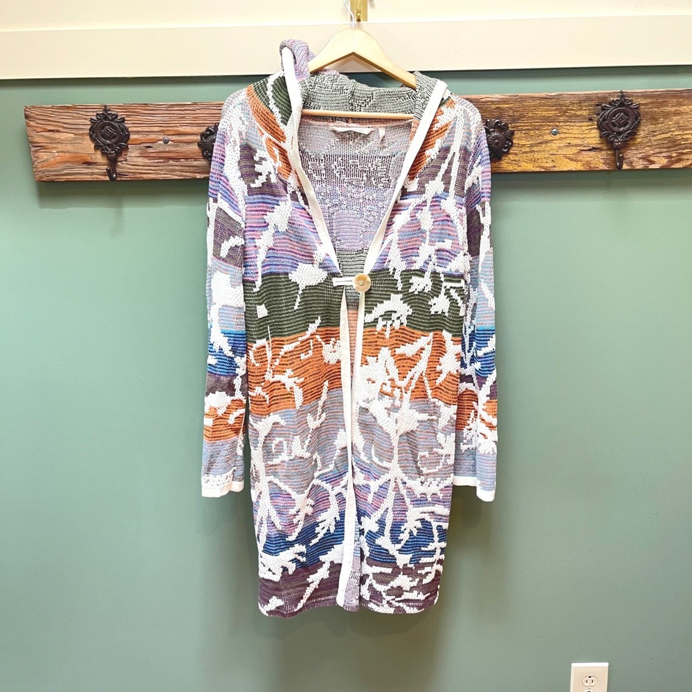Soft Surroundings Womens Large Multi Color Cotton Intarsia Hooded Cardigan 2CW09